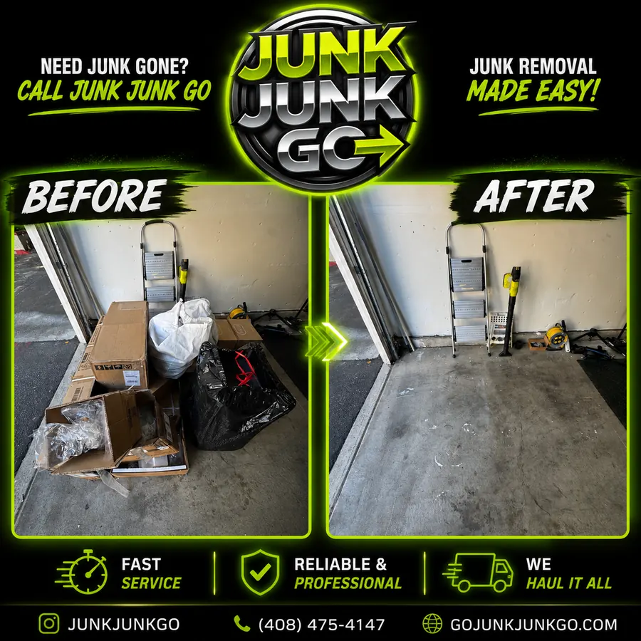 Before and after: cardboard boxes, packaging and bagged waste cleared out of a commercial garage bay, leaving only a step ladder and tools