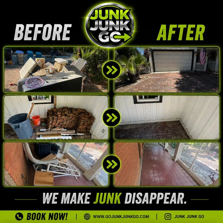 Before and after in three panels: a curbside pile of mattresses and furniture, a side shed stacked with reclaimed brick, and a sunroom filled with broken chairs and frames, all cleared