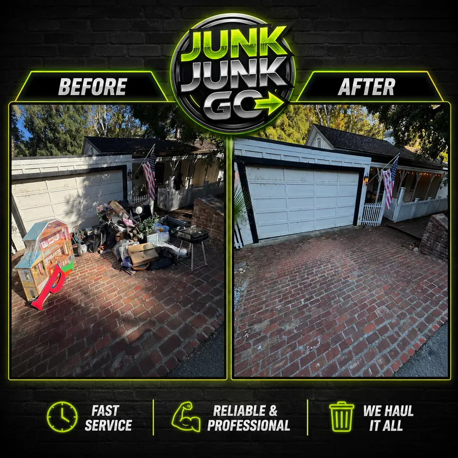 Before and after: a child's playhouse, barbecue grill, bags and boxes cleared off a brick driveway in front of a two-car garage