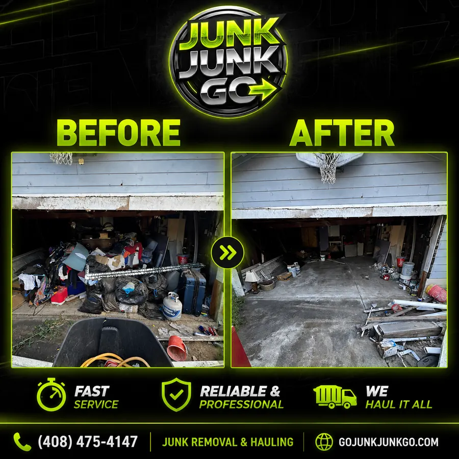 Before and after: a garage packed wall to wall with bags, luggage, tools and clutter, cleared back down to open concrete floor