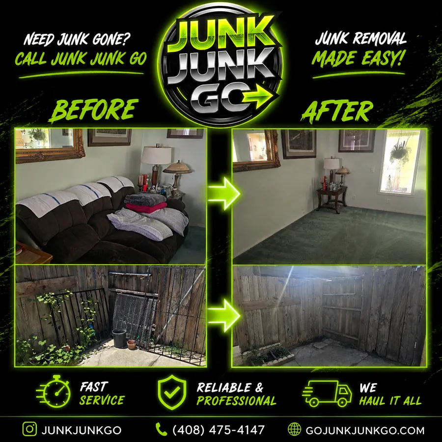 Before and after: an oversized sectional couch and bedding removed from a San Jose living room, and a backyard gate cleared of vines and scrap metal