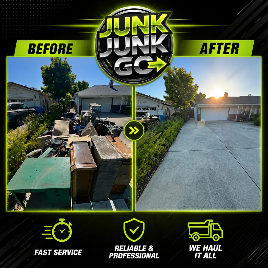 Before and after: desks, cabinets, chairs and scrap wood piled high on a residential driveway, then hauled away leaving clean concrete