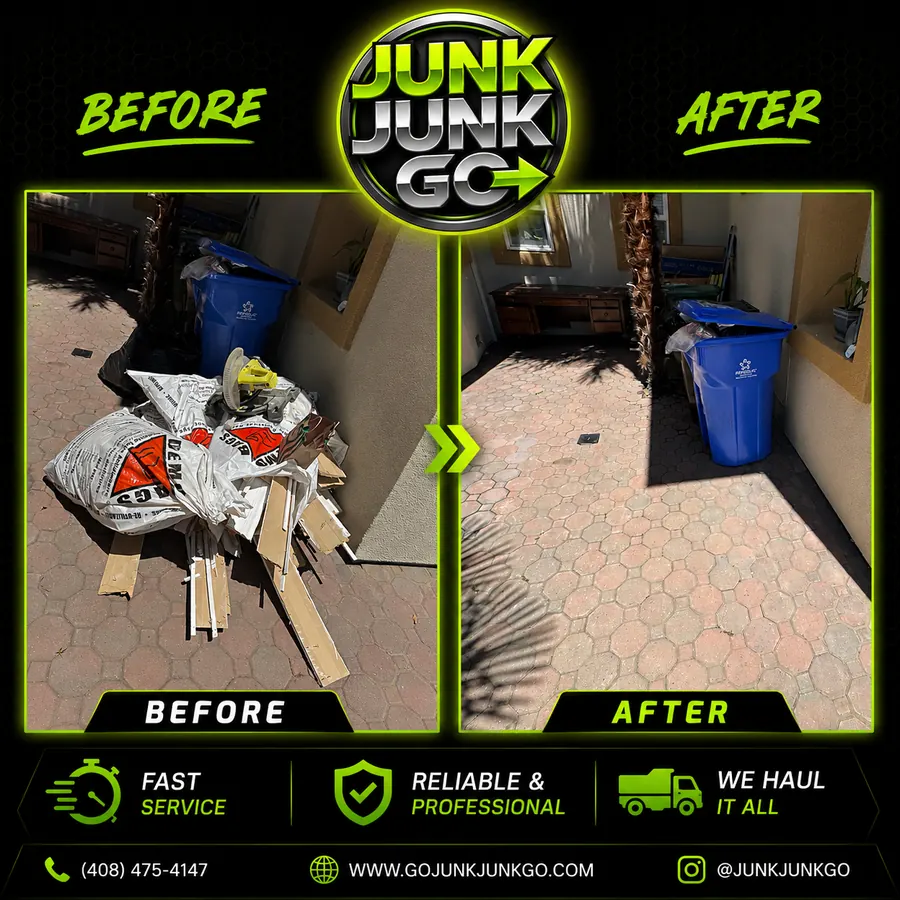Before and after: demolition bags, trim pieces and cut lumber cleared off a paver walkway beside a house, leaving clean pavers