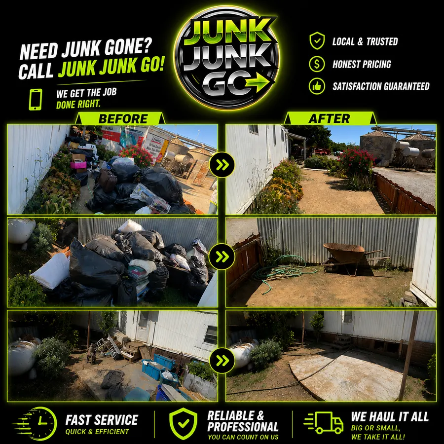 Before and after: dozens of black trash bags, luggage and clutter cleared from three areas around a property