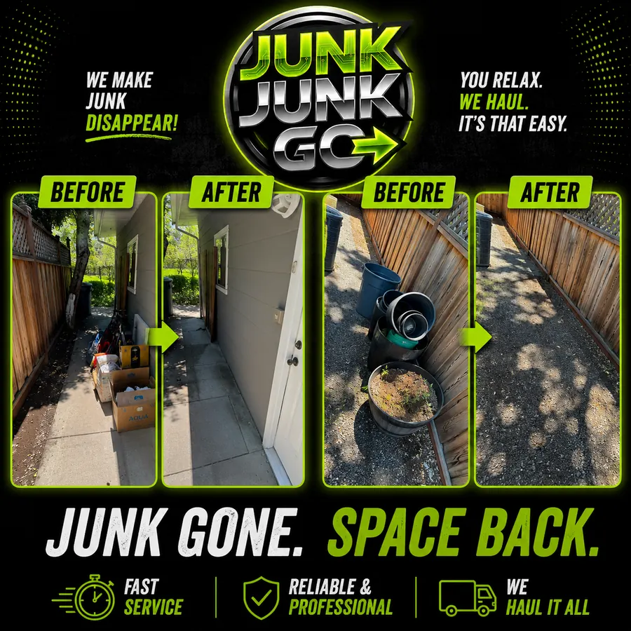 Before and after: boxes and a bicycle removed from a narrow side yard walkway, and metal barrels and dead planters removed from a fence line