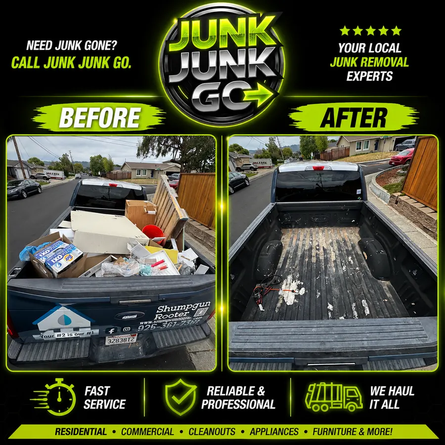 Before and after: a pickup truck bed loaded with fence boards, cardboard boxes and jobsite debris, then emptied and swept clean